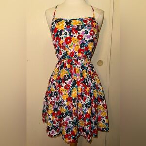 Forever 21 I love h81 red navy yellow Floral pleated mini Dress sm